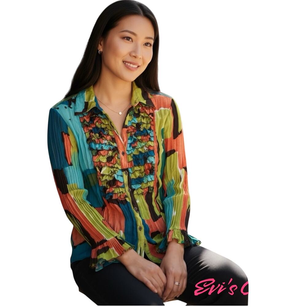Sunny Leigh Women Y2K S M Vintage Multicolored Abstract Pattern Ruffled Placket